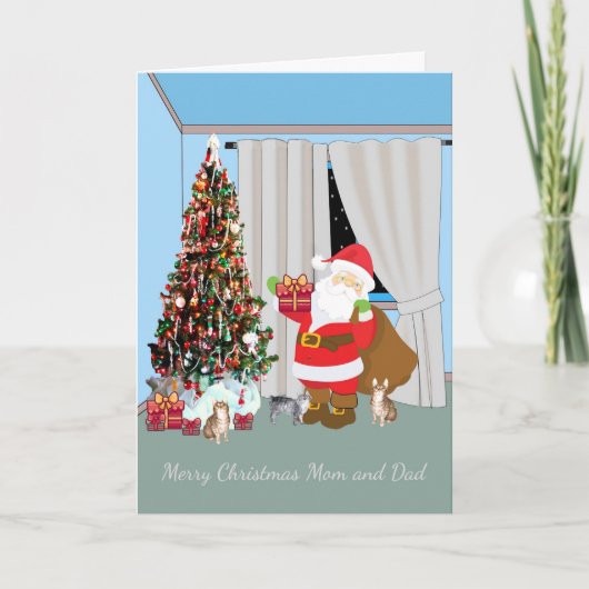 クリスマス・カードのお母さん、パパ、猫 カード (正面)