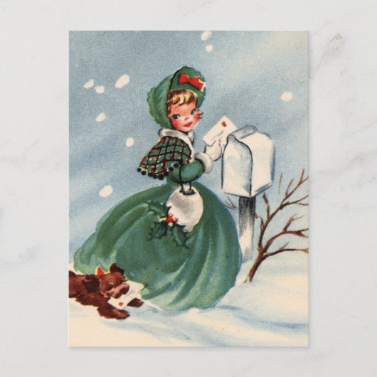 クリスマス・カードを郵送する緑のコートの女の子 シーズンポストカード (正面)