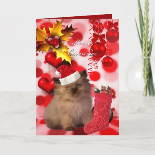 クリスマス カード ねこ ハート 帽子 (正面)