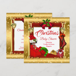 クリスマス ガール or ボーイ ベイビー シャワーレッド ゴールド ボックス AA 招待状