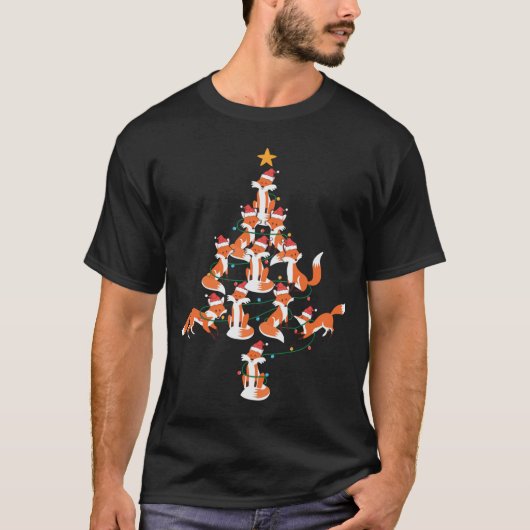 クリスマス キツネ もみの木 ライト サンタ帽子 Tシャツ (正面)