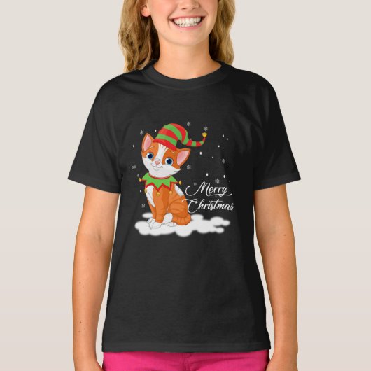 クリスマス·キャットと小妖精や小人·ハット贈おもしろいり物 Tシャツ (正面)