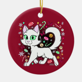 クリスマス+キャット+陶器製オーナメント (赤) セラミックオーナメント