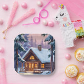 クリスマス キャビン 森林 冬 雪 ホリデー ペーパープレート (パーティー)