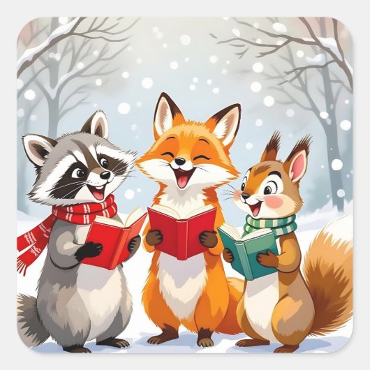 クリスマス・キャロルを歌う小さな森の動物たち スクエアシール (正面)