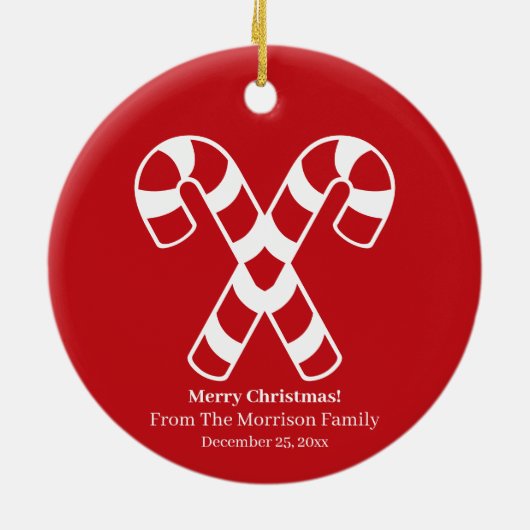 クリスマス・キャンディー・ケイン赤い白い名前をカスタムする日付 セラミックオーナメント (裏面)
