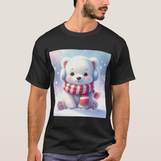 クリスマス キューブ: 雪の不思議な世界に佇むポカポカ北極グマ Tシャツ (正面)