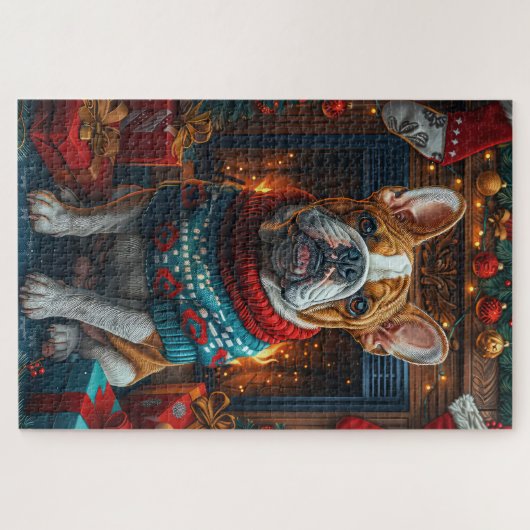 クリスマス・ギフト暖炉とブルドッグ ジグソーパズル (横)