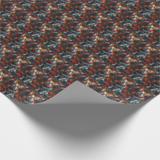 クリスマス・ギフト暖炉とブルドッグ ラッピングペーパー (角)