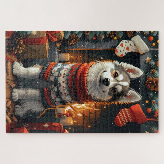 クリスマス・ギフト暖炉のあるシベリアのハスキー犬 ジグソーパズル (横)