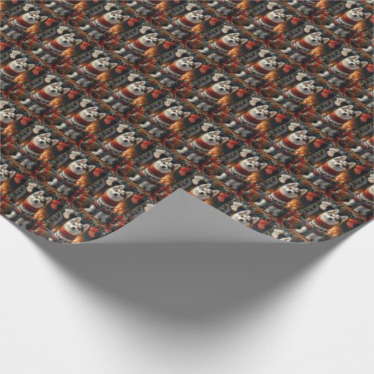 クリスマス・ギフト暖炉のあるシベリアのハスキー犬 ラッピングペーパー (角)