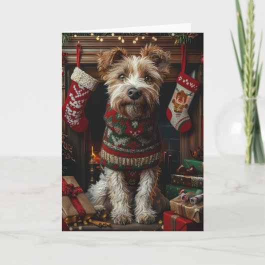 クリスマス・ギフト暖炉を持つ犬ウルフハウンド カード (正面)