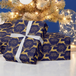 クリスマス ギルデッド レザー レインディア ネイビーブルー ラッピングペーパー