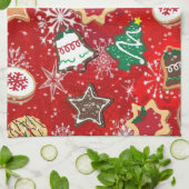 クリスマス・クッキーと赤の雪 キッチンタオル (折り畳み)