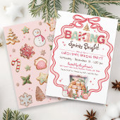 クリスマス・クッキー・パーティーのお誘い コケティ ピンクの蝶結び 招待状