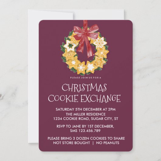 クリスマス・クッキー・リース(深いプラム色の背景) 招待状 (正面)