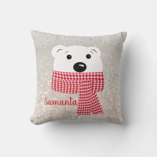クリスマス、クマの口元、シロクマ、赤、白 クッション