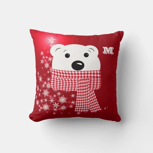 クリスマス、クマの口元、シロクマ、赤、白 クッション (正面)