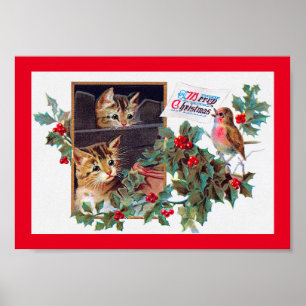 クリスマス、クリスマス子猫と小鳥 ポスター