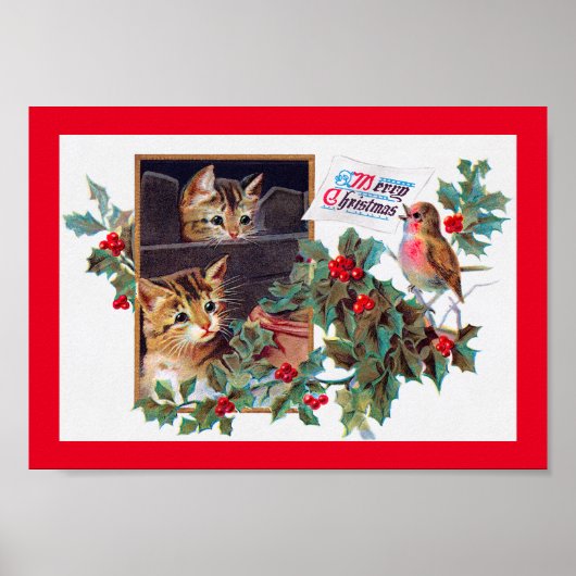 クリスマス、クリスマス子猫と小鳥 ポスター (正面)