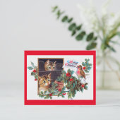 クリスマス、クリスマス子猫と小鳥 ポストカード (スタンド正面)