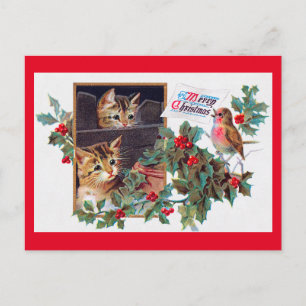 クリスマス、クリスマス子猫と小鳥 ポストカード