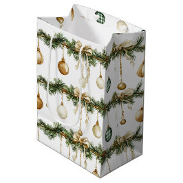 クリスマス クリームグリーンの風景とレトロブラウンのリボン ミディアムペーパーバッグ