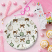 クリスマス クリーム グリーン レトロ ブラウン リボン  ペーパープレート (パーティー)