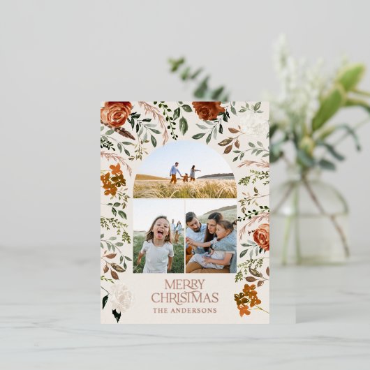 クリスマス クリーム ボタニカル エレガントな鹿 3枚の写真 箔シーズンポストカード (立ち正面)