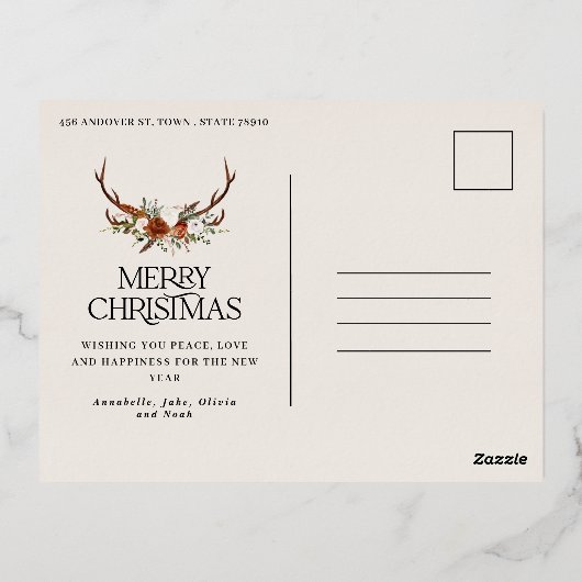 クリスマス クリーム ボタニカル エレガントな鹿 3枚の写真 箔シーズンポストカード (裏面)