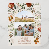 クリスマス クリーム ボタニカル エレガントな鹿 3枚の写真 箔シーズンポストカード (正面)