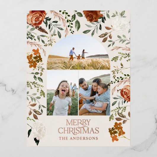 クリスマス クリーム ボタニカル エレガントな鹿 3枚の写真 箔シーズンポストカード (正面)