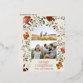 クリスマス クリーム ボタニカル エレガントな鹿 3 フォト フォイ 箔シーズンポストカード (正面/裏面)