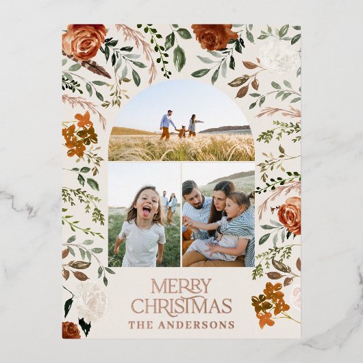 クリスマス クリーム ボタニカル エレガントな鹿 3 フォト フォイ 箔シーズンポストカード (正面)