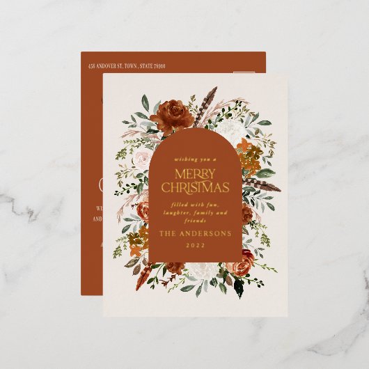 クリスマス クリーム ボタニカル エレガント 鹿 花模様 ホイル 箔シーズンポストカード (正面/裏面)