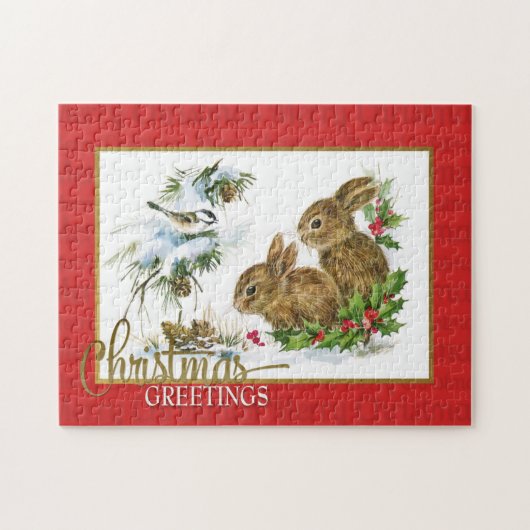 クリスマス・グリーティング・ラビットヴィンテージ再生 ジグソーパズル (横)