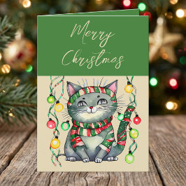 クリスマス+グリーンのかわいいニコニコ猫のオーナメント シーズンカード