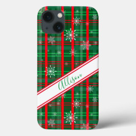 クリスマス グリーン・チェック柄のスクリプト名入り iPhone 13ケース