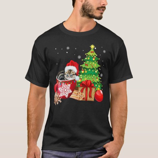 クリスマス グレー タビー 猫 みにくい クリスマス ツリー ライト パジャマ Tシャツ (正面)