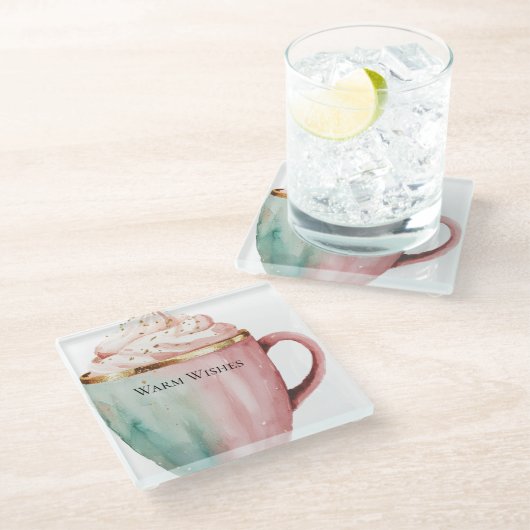 クリスマス・ココア金ゴールドピンクミントウォームウィッシュ ガラスコースター (アングル)