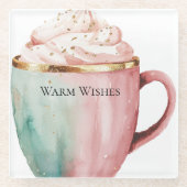 クリスマス・ココア金ゴールドピンクミントウォームウィッシュ ガラスコースター (正面)