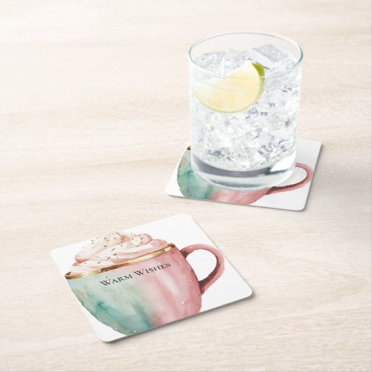 クリスマス・ココア金ゴールドピンクミントウォームウィッシュ スクエアペーパーコースター (インサイチュ)