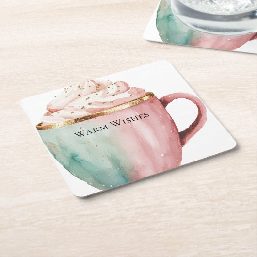 クリスマス・ココア金ゴールドピンクミントウォームウィッシュ スクエアペーパーコースター (アングル)
