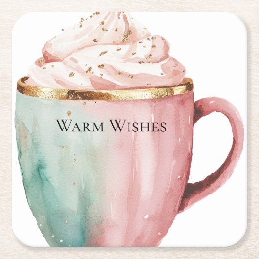 クリスマス・ココア金ゴールドピンクミントウォームウィッシュ スクエアペーパーコースター (正面)