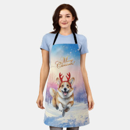 クリスマス・コルギトナカイ〔雄ジカの〕枝角は雪の中で飛び跳ねた エプロン