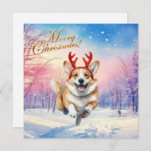 クリスマス・コルギトナカイ〔雄ジカの〕枝角は雪の中で飛び跳ねた シーズンカード (正面/裏面)