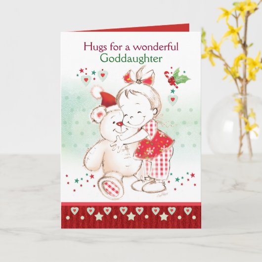 クリスマス、ゴド娘、かわいいベビーガール&テディ カード (黄色い花)