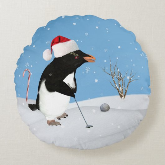 クリスマス、ゴルフを遊んでいるペンギン ラウンドクッション (正面)