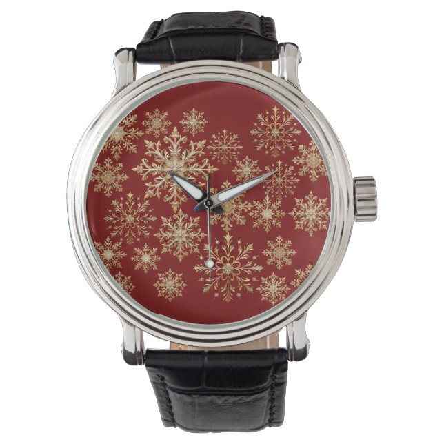 クリスマス ゴールドと赤い雪の結晶 腕時計 (正面)