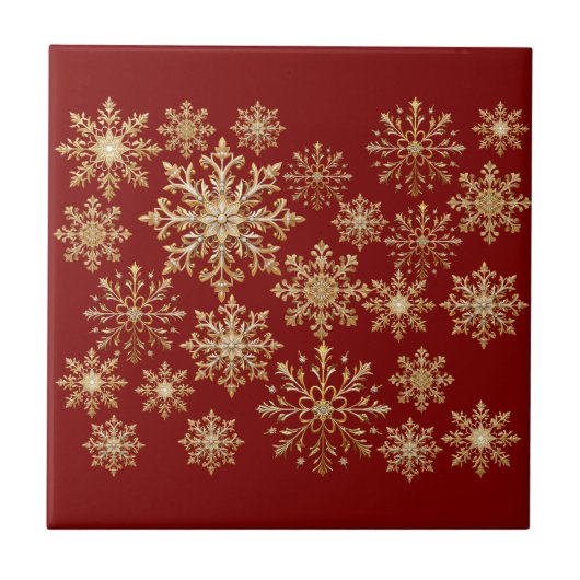 クリスマス ゴールドと赤のスノーフレーク タイル (正面)